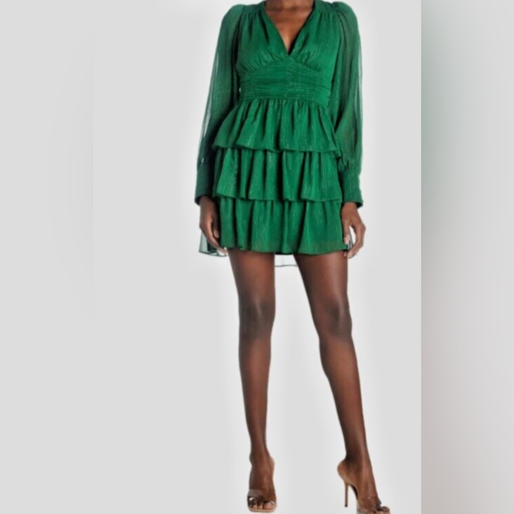 WAYF Glamour Melody Tiered Ruffle Mini Dress XS Emerald Green - NWT